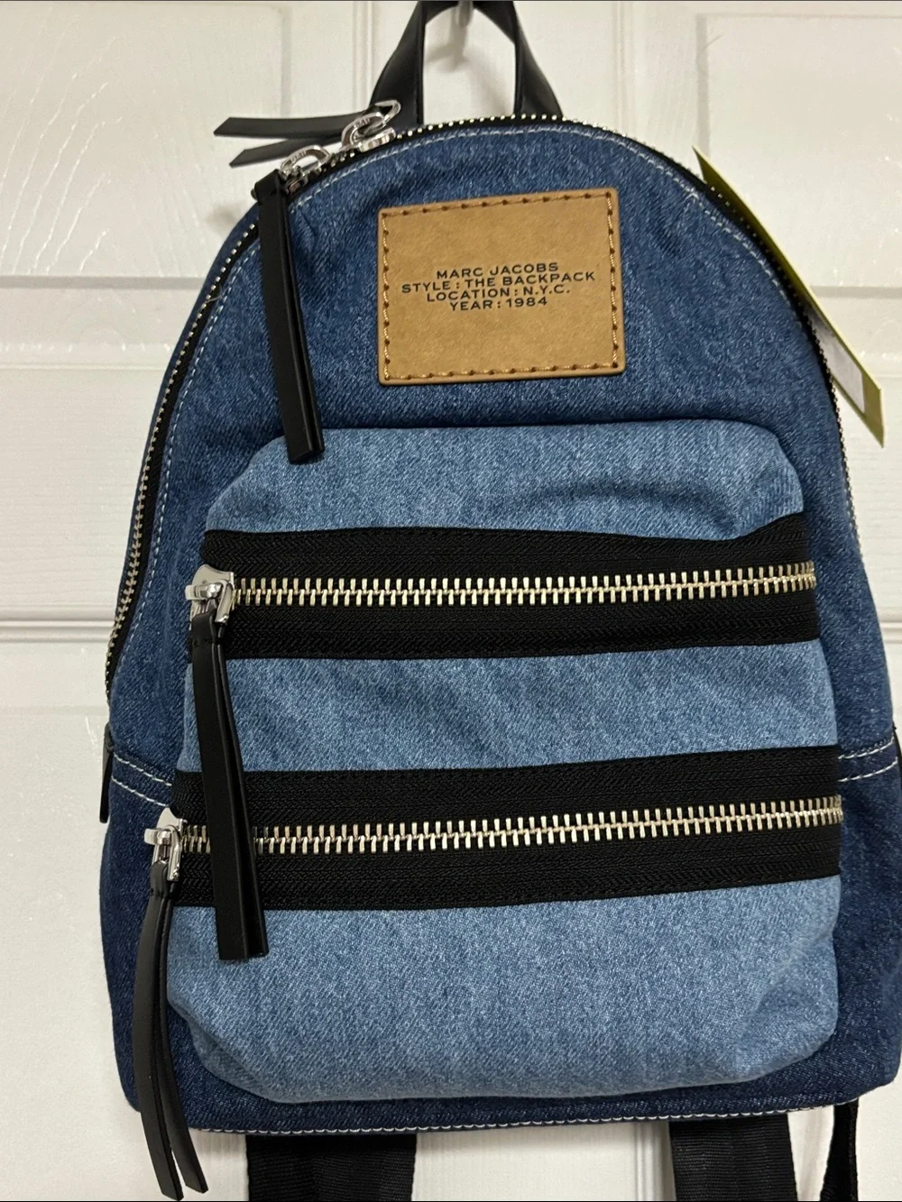 Marc Jacobs Denim Mini Backpack in Light and Dark Blue with Black Trim